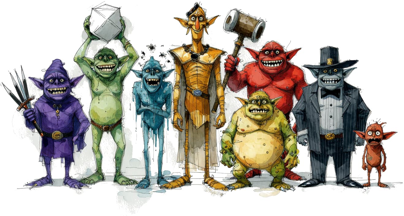 Da eight goblinz, lined up: a purple hooded one clutching a fistful of knives, a green one hoisting a big die, a drippy blue one, a tall skinny yellow one, a red brute with a hammer, a round warty one, a grey one in a top hat and suit, and a tiny red one looking worried.